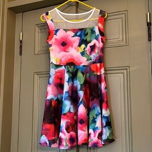 Girls Gorgeous Sheer top Floral dress above knee length size 16 semi formal